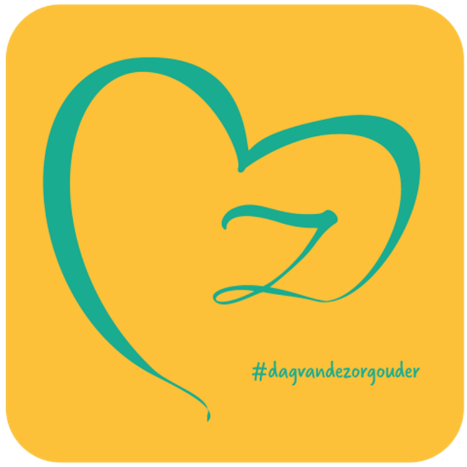 Beschrijving afbeelding: een geel vierkant met daarin een hart op een speelse wijze getekend. De tekening is in het donkergroen en eindigt in een z. In kleine letters: hashtag #dagvandezorgouder