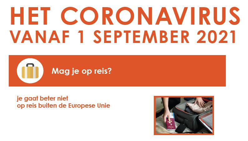 Beschrijving afbeelding: het coronavirus vanaf 1 september 2021, pictogram van een reiskoffertje Mag je op reis? Je gaat beter niet op reis buiten de Europese Unie. Foto van iemand die zijn/haar koffer pakt, houdt o.a. een reispas in de hand