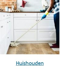Beschrijving afbeelding: iemand met een zwabber aan het werk in een keuken. Het woord Huishouden staat als onderschrift.