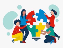 Beschrijving afbeelding: kleurrijke tekening van vier figuren die elkaar puzzelstukjes toereiken en samenleggen.