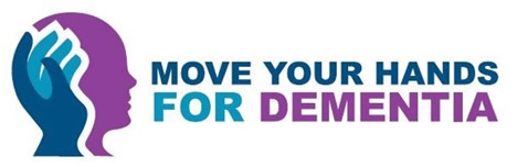Beschrijving afbeelding: zijaanzicht van een getekend hoofd, gefragmenteerd in drie kleuren, een hand reikt naar de hersenen. Naast de afbeelding de woorden: MOVE YOUR HANDS FOR DEMENTIA.