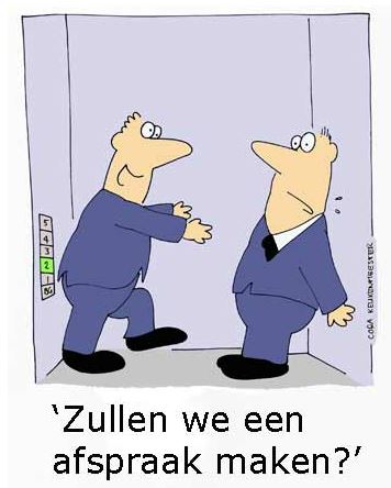 Beschrijving afbeelding: twee heren in kostuum, in de lift, de ene steekt uitnodigend de handen uit naar de ander die zich geschrokken terugtrekt. Onderschrift: ‘Zullen we een afspraak maken?’