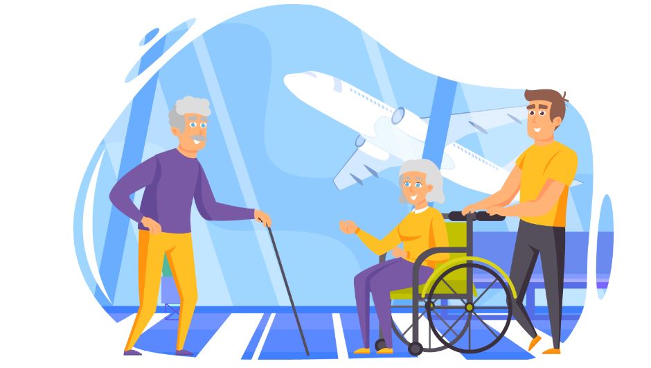 Beschrijving afbeelding: een kleurrijke tekening geeft een tafereel in de vertrekhal van een luchthaven weer met onder meer een stokloper en een rolwagengebruiker. Op de achtgrond een opstijgend vliegtuig.